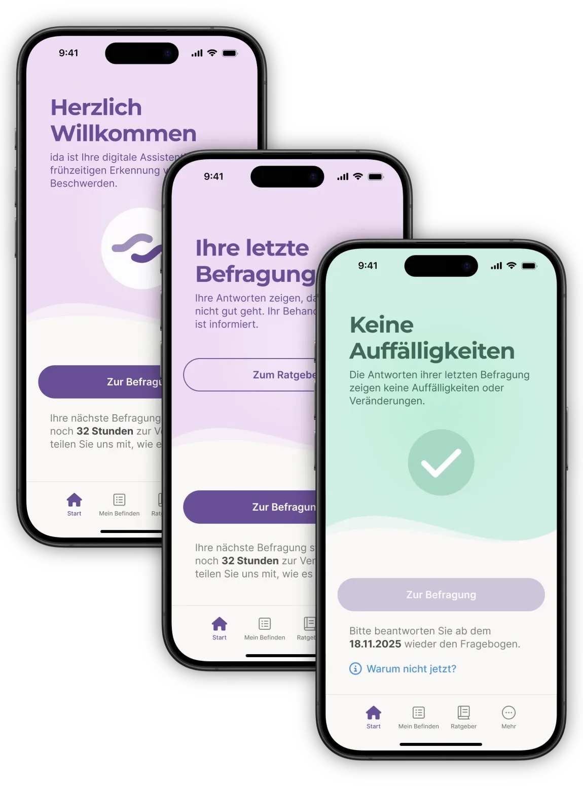 ida App: Startbildschirm, letzte Befragung und Ergebnis ohne Auffälligkeiten auf drei Smartphones